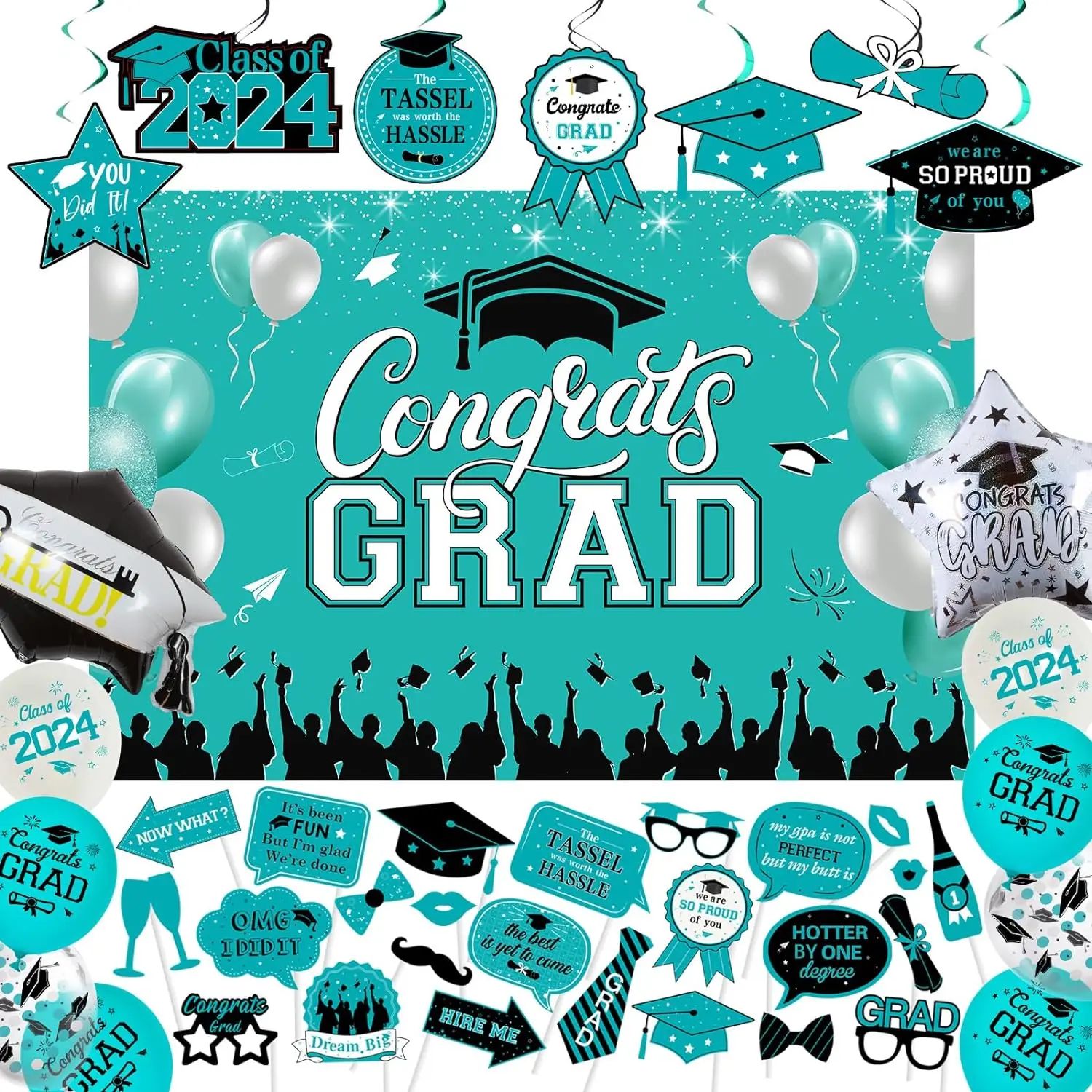 Teal 2024 Graduation Decorations Congrats Grad Backdrop Graduation Hanging Swirls Photo Props Star Balloons for Class of 2024
Teal 2024 Graduation Decorations Congrats Grad Backdrop Graduation Hanging Swirls Photo Props Star Balloons for Class of 2024
