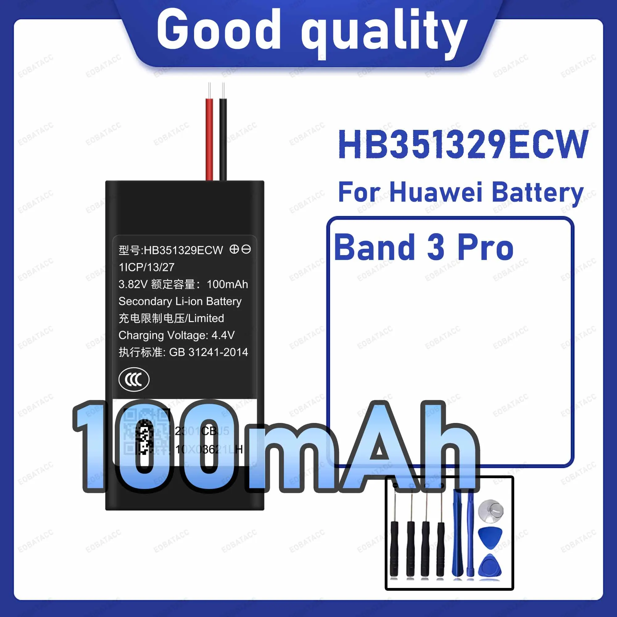 100mAh HB351329ECW Replacement Battery for Huawei Band 3 Pro Watch with Repair Tools Kit
100mAh HB351329ECW Replacement Battery for Huawei Band 3 Pro Watch with Repair Tools Kit