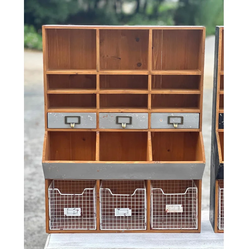Rustic Wooden Wall Mounted Storage Cabinet, Multi-Compartment Organizer with Drawers and Wire Baskets, Vintage Distressed Finish
Rustic Wooden Wall Mounted Storage Cabinet, Multi-Compartment Organizer with Drawers and Wire Baskets, Vintage Distressed Finish