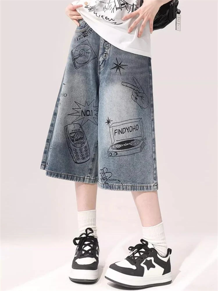 Women's Cartoon Print Patterns Wide Leg Blue Denim Shorts Unisex Style Capris Summer Female High Waist Loose Knee Length Jeans
Women's Cartoon Print Patterns Wide Leg Blue Denim Shorts Unisex Style Capris Summer Female High Waist Loose Knee Length Jeans