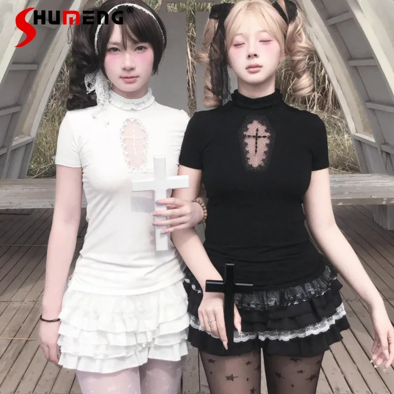 Japanese Dark Black Style Cross Stitch Original Dark Black and White Gothic Hollow T-shirt Subculture Short Cake Skirt For Girls
Japanese Dark Black Style Cross Stitch Original Dark Black and White Gothic Hollow T-shirt Subculture Short Cake Skirt For Girls