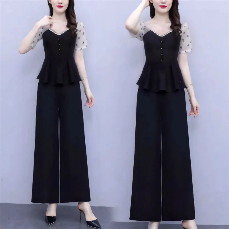 Women High-end Mesh Wide Leg Pantalons Set Ladies Fashion V Neck Tops 2PCS Autumn Female Large Size 4XL Patchwork Two Piece Suit
Women High-end Mesh Wide Leg Pantalons Set Ladies Fashion V Neck Tops 2PCS Autumn Female Large Size 4XL Patchwork Two Piece Suit