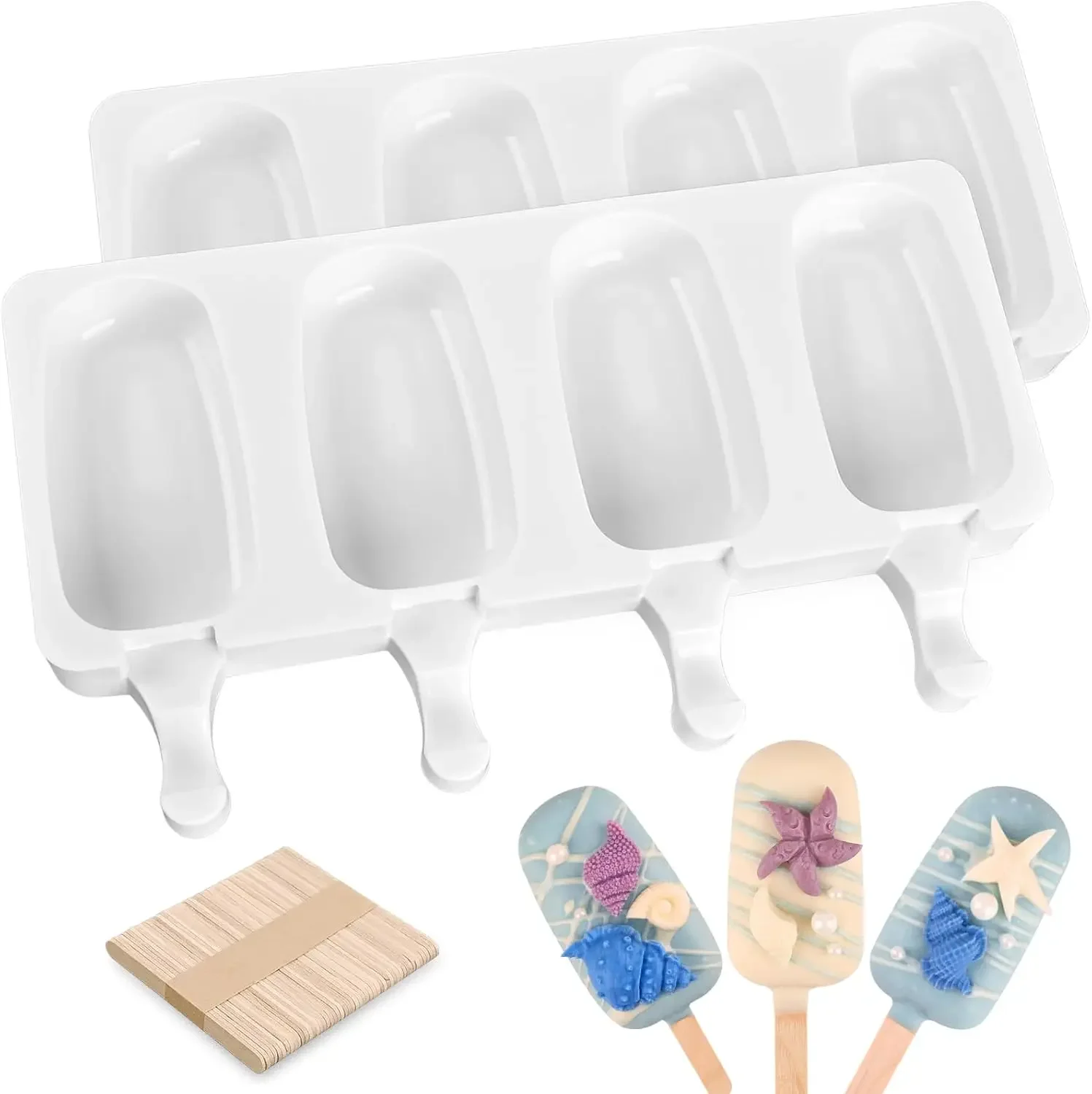 Sakolla 1 Pack Silicone Popsicle Molds, Larg Oval 4 Cavities Homemade Ice Pop Molds with 50 Wooden Sticks for Ice Cream, Cakesicles, Cake Pop (White)
Sakolla 1 Pack Silicone Popsicle Molds, Larg Oval 4 Cavities Homemade Ice Pop Molds with 50 Wooden Sticks for Ice Cream, Cakesicles, Cake Pop (White)