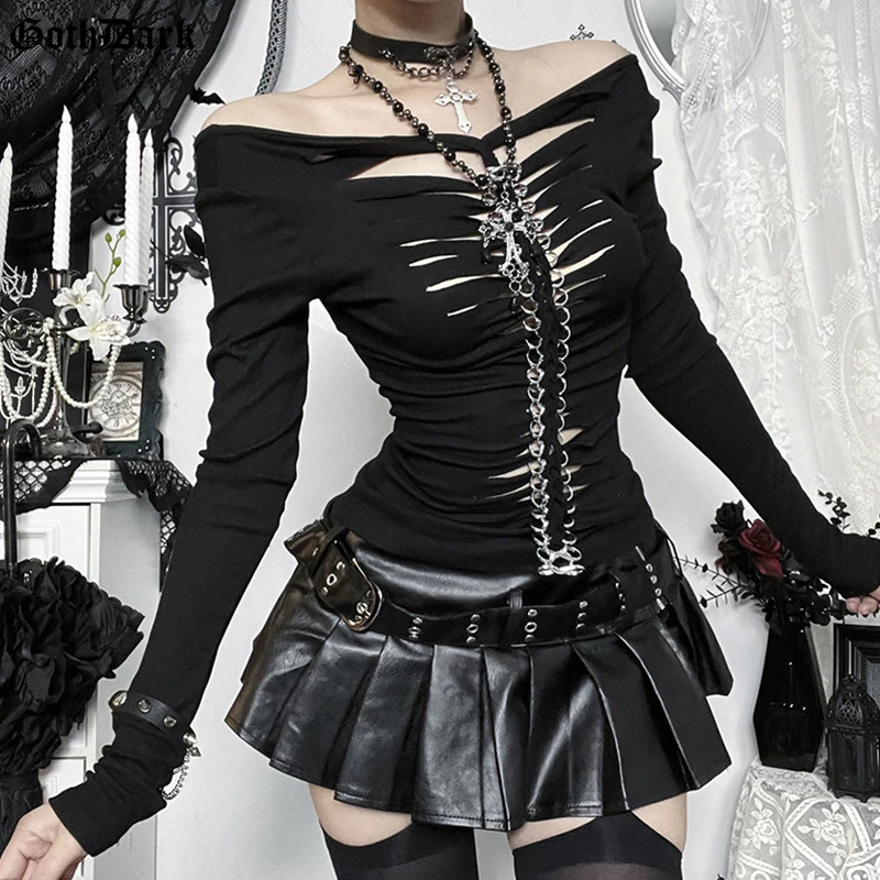 Goth Dark Punk Sexy Cut Out Long Sleeve T-shirts Mall Gothic Slim Tops for Women Casual Solid Tees Streetwear Y2K Embellished 
Goth Dark Punk Sexy Cut Out Long Sleeve T-shirts Mall Gothic Slim Tops for Women Casual Solid Tees Streetwear Y2K Embellished