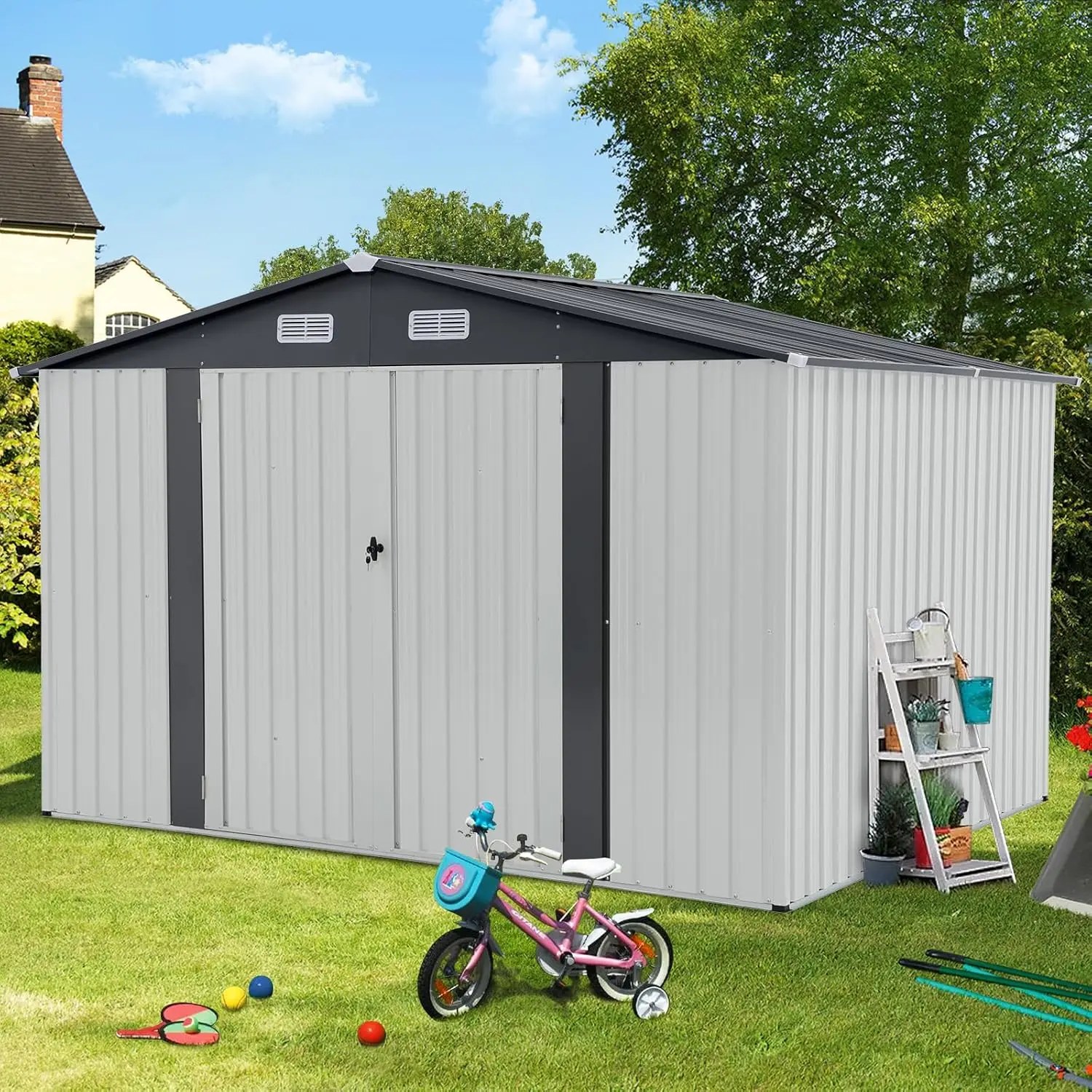 Verano Garden 10x8 FT Outdoor Storage Shed, Galvanized Steel Metal Garden Shed, Double Door W/Lock, Outdoor Storage Tool House
Verano Garden 10x8 FT Outdoor Storage Shed, Galvanized Steel Metal Garden Shed, Double Door W/Lock, Outdoor Storage Tool House