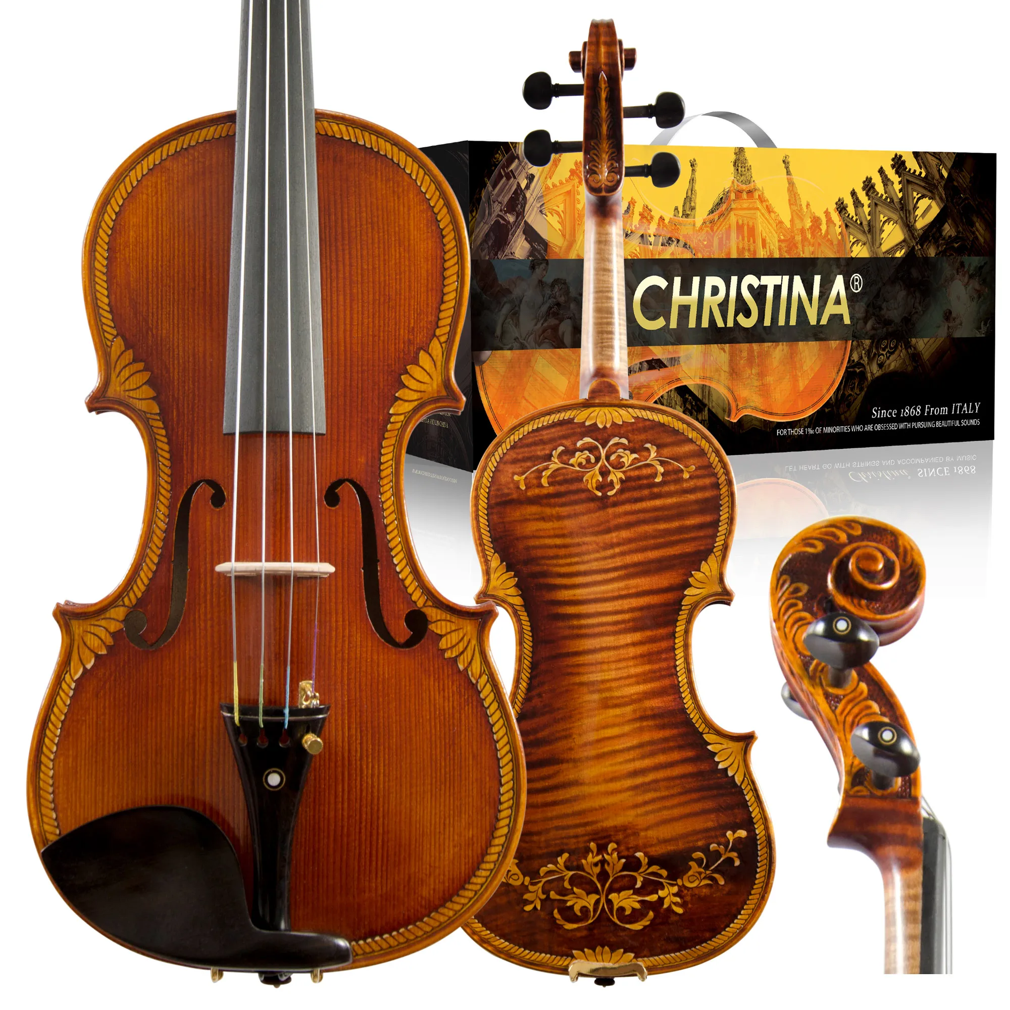 CHRISTINA Handcarved Violin V07CN NEW Design for Collection 4/4 Size Solid Spruce One-piece Maple Back with Ebony Fittings
CHRISTINA Handcarved Violin V07CN NEW Design for Collection 4/4 Size Solid Spruce One-piece Maple Back with Ebony Fittings