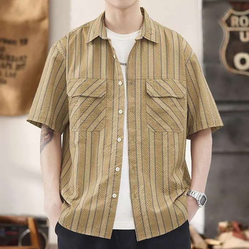 Men Khaki Striped Textured Short Sleeve Shirt Loose Fit Lapel Collar Chest Pocket Button Down Casual Top
Men Khaki Striped Textured Short Sleeve Shirt Loose Fit Lapel Collar Chest Pocket Button Down Casual Top