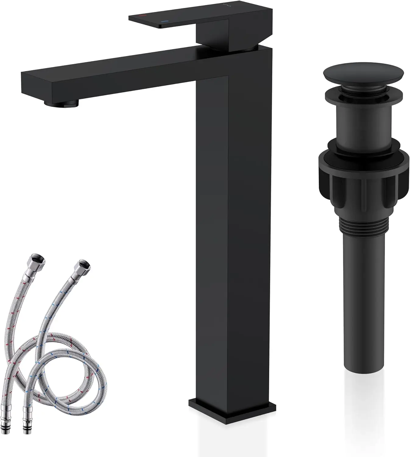 Matte Black Single Handle Tall Vessel Sink Faucet with Water Supply Hose and Pop Up Drain
Matte Black Single Handle Tall Vessel Sink Faucet with Water Supply Hose and Pop Up Drain