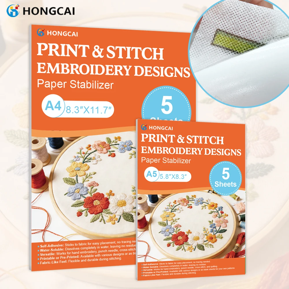 5PCS Printable Water-Soluble Embroidery Stabilizer A4/A5, Self-Adhesive Wash-Away Stabilizer Paper, for Hand & Machine Embroider
5PCS Printable Water-Soluble Embroidery Stabilizer A4/A5, Self-Adhesive Wash-Away Stabilizer Paper, for Hand & Machine Embroider