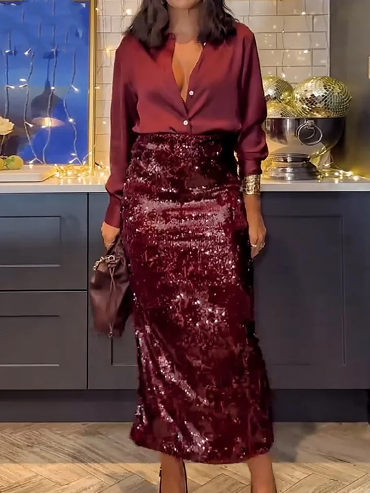 Women Sequins Patchwork Two Pieces Matching Set, Spring Autumn Cardigan Top Maxi Skirts Outfit, Holiday Simple Chic Ladies Suits
Women Sequins Patchwork Two Pieces Matching Set, Spring Autumn Cardigan Top Maxi Skirts Outfit, Holiday Simple Chic Ladies Suits