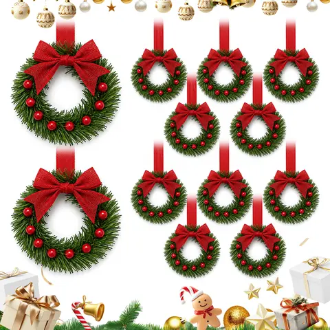 12PCS 10 Inch Mini Christmas Wreaths For Kitchen Cabinets, Pine Berry Bow Door Hanging Decor For Windows Pet Door Holiday Decor