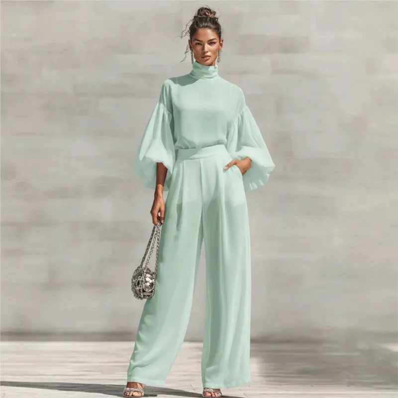 Fashion Chiffon Trousers Suit Elegant High-neck Lantern Sleeves Hight Waist Pocket Loose Wide-leg Trousers Suit 2-piece Set 2026
Fashion Chiffon Trousers Suit Elegant High-neck Lantern Sleeves Hight Waist Pocket Loose Wide-leg Trousers Suit 2-piece Set 2026