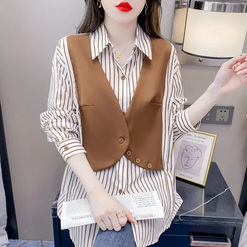 Spring Autumn Fake Two Pieces Shirt Women Striped Patchwork Fashion Cardigan Korean Style Button Casual Elegant All-match Tops
Spring Autumn Fake Two Pieces Shirt Women Striped Patchwork Fashion Cardigan Korean Style Button Casual Elegant All-match Tops