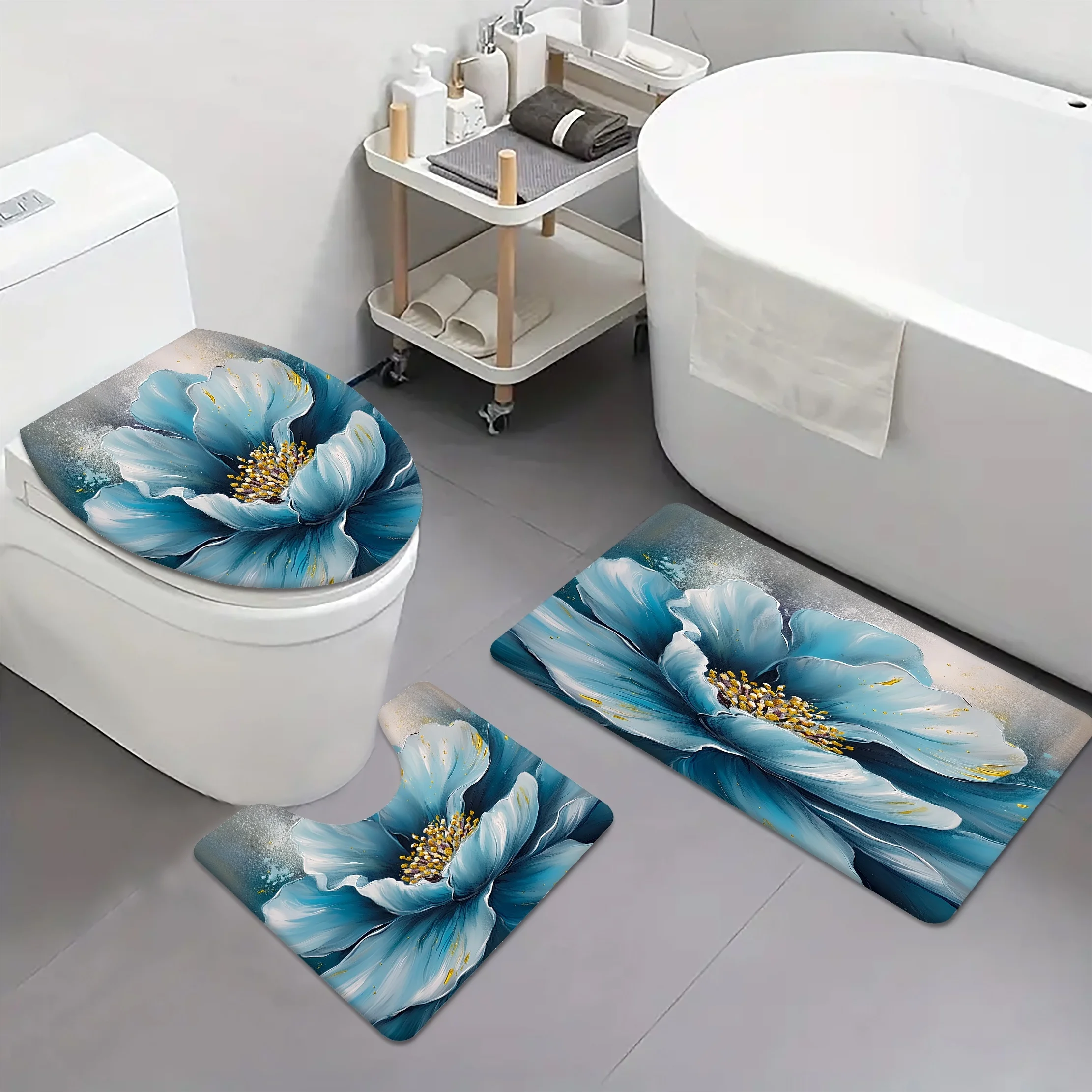 Набор из 3 предметов с синим цветочным узором, полиэфирная ткань, можно стирать в машине, U-образный коврик, коврик для ванной комнаты, чехол на сиденье унитаза.
Набор из 3 предметов с синим цветочным узором, полиэфирная ткань, можно стирать в машине, U-образный коврик, коврик для ванной комнаты, чехол на сиденье унитаза.