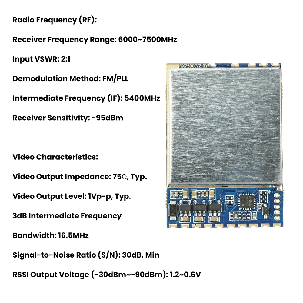 6000-7500MHz Wireless Video Receiver Module RX7500 High Sensitivity Clear Signal Transmission for Drones Robotics Industrial Use
6000-7500MHz Wireless Video Receiver Module RX7500 High Sensitivity Clear Signal Transmission for Drones Robotics Industrial Use