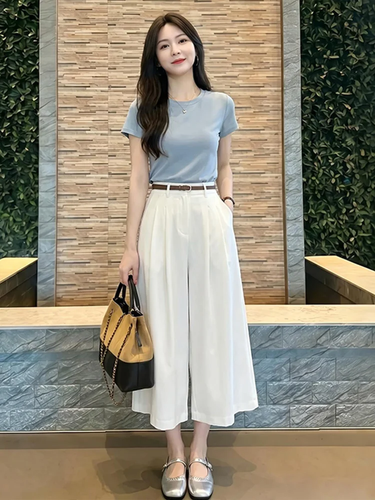 Fashionable round Neck Short Sleeve Slim Fit Wide Leg Pants Two Piece Set Women's Summer New Style Simple Design Casual Wear
Fashionable round Neck Short Sleeve Slim Fit Wide Leg Pants Two Piece Set Women's Summer New Style Simple Design Casual Wear