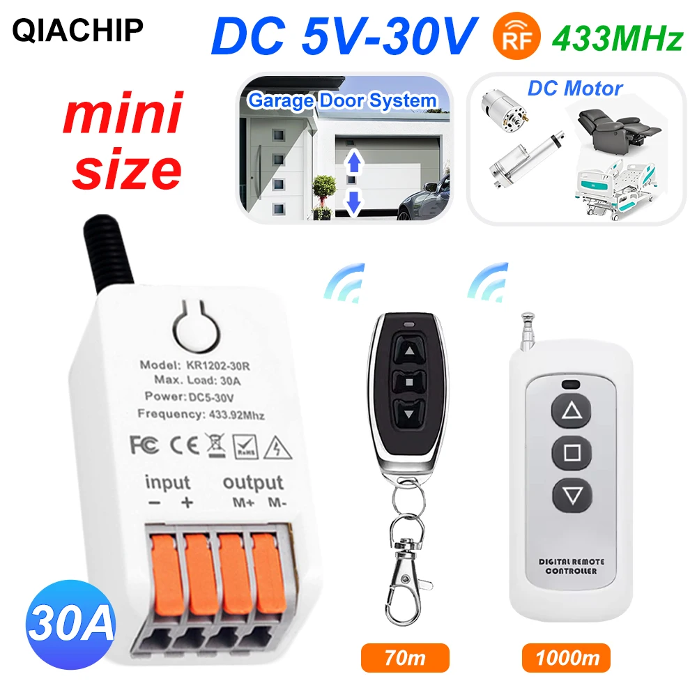QIACHIP 433MHz Motor Switch 30A DC 5V-30V KR1202-30R For Remote Control of Motor Forward and Reverse Rotation
QIACHIP 433MHz Motor Switch 30A DC 5V-30V KR1202-30R For Remote Control of Motor Forward and Reverse Rotation