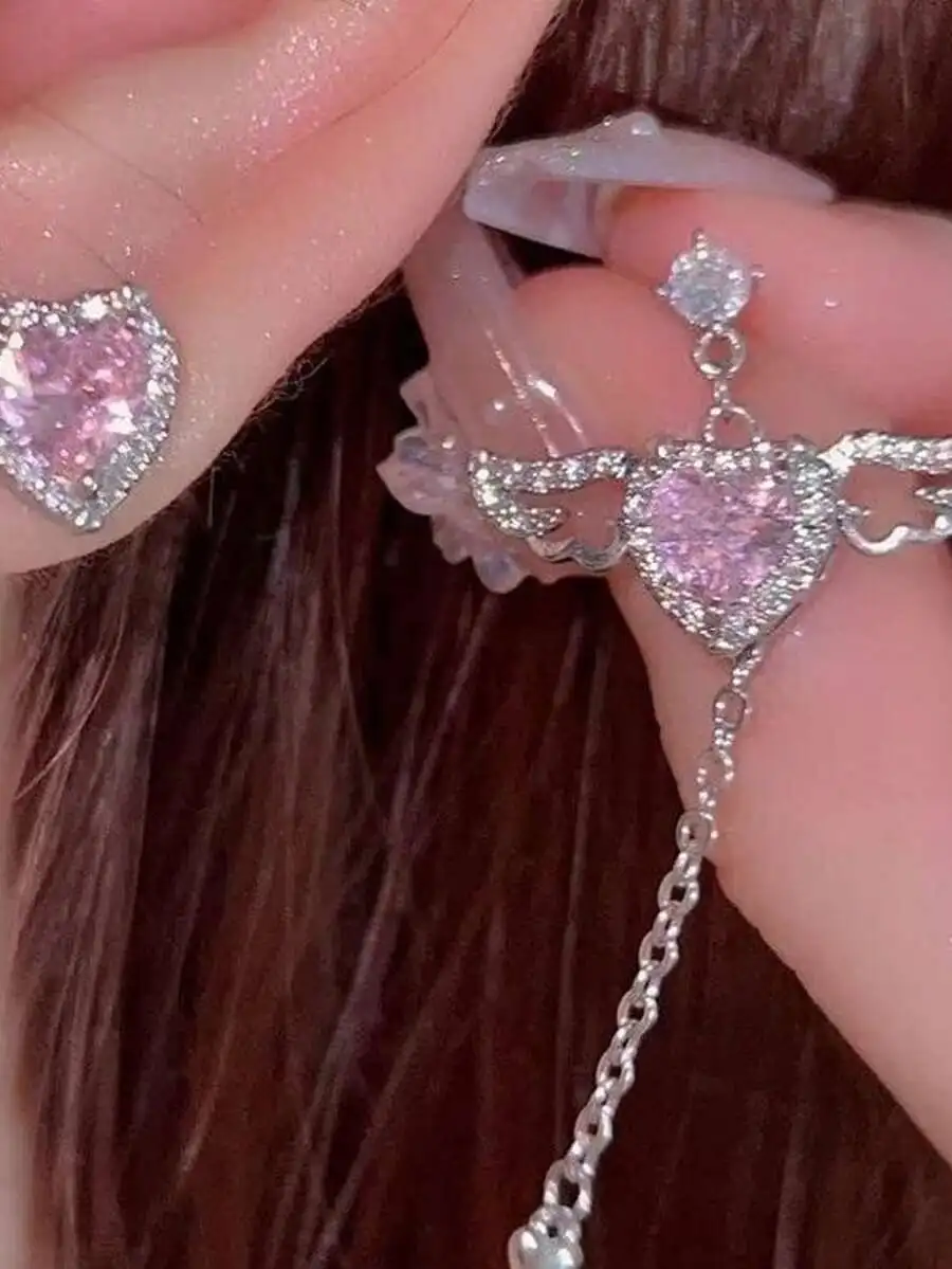 Sweet Pink Heart Zirconia Chain Drop Earrings For Women Party Festival Daily Wear
Sweet Pink Heart Zirconia Chain Drop Earrings For Women Party Festival Daily Wear