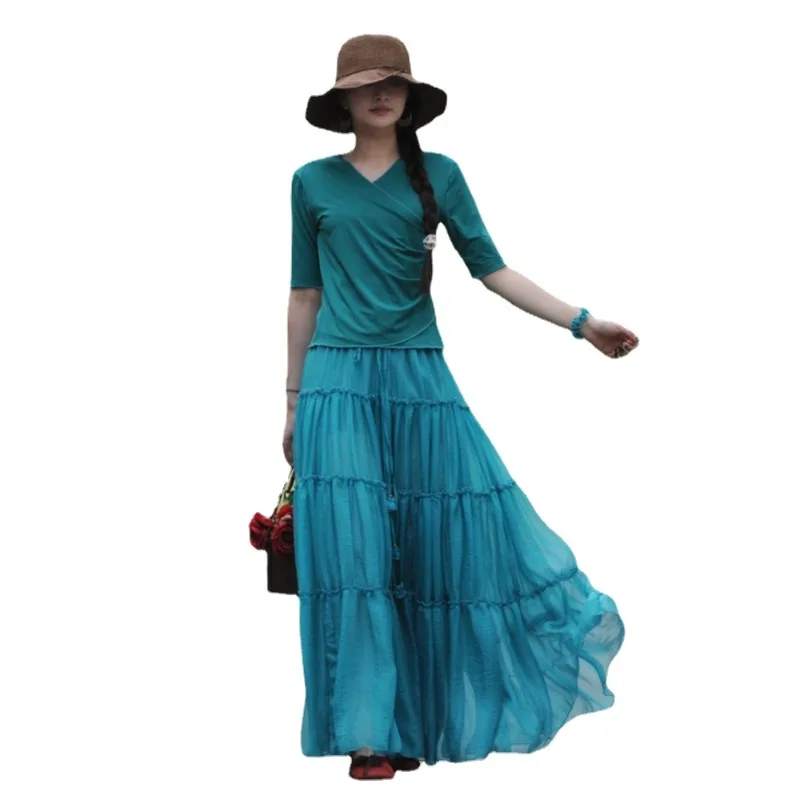 Chiffon Maxi Skirts 2023 New Elastic Waist Retro Bohemian Summer Malachite Blue Color Chiffon Patchwork A-Line Long Skirts
Chiffon Maxi Skirts 2023 New Elastic Waist Retro Bohemian Summer Malachite Blue Color Chiffon Patchwork A-Line Long Skirts