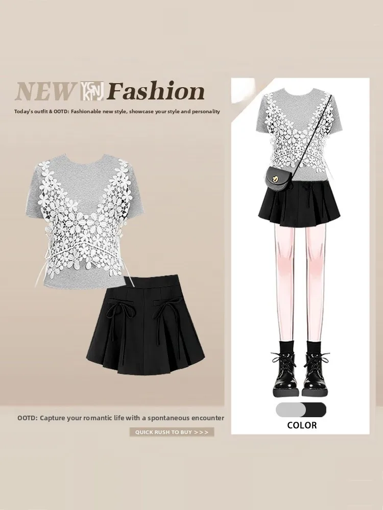 Gray Heavy Embroidery Flower Top Short Sleeve T-Shirt Skirt Set Summer Fashion College Style Three Piece Suite High Waist Ple...
Gray Heavy Embroidery Flower Top Short Sleeve T-Shirt Skirt Set Summer Fashion College Style Three Piece Suite High Waist Ple...