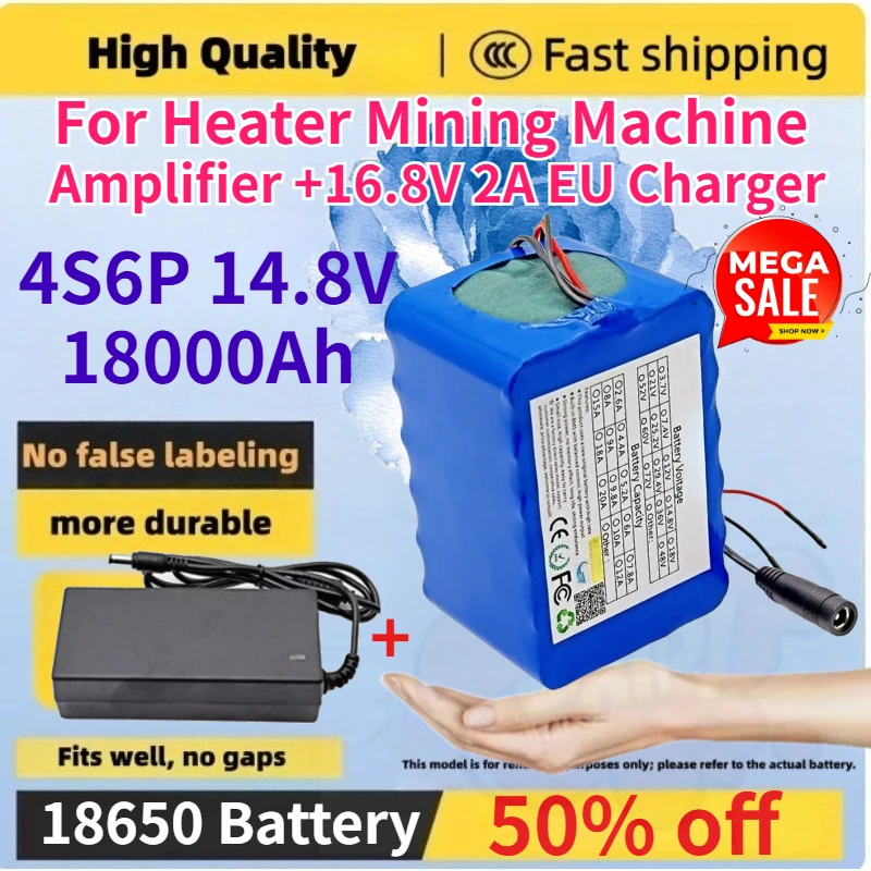New 4S6P 14.8V 18000Ah 18650 Lithium-ion Battery for Heater Mining Machine Amplifier Rechargeable Batteries +16.8V 2A EU Charger
New 4S6P 14.8V 18000Ah 18650 Lithium-ion Battery for Heater Mining Machine Amplifier Rechargeable Batteries +16.8V 2A EU Charger