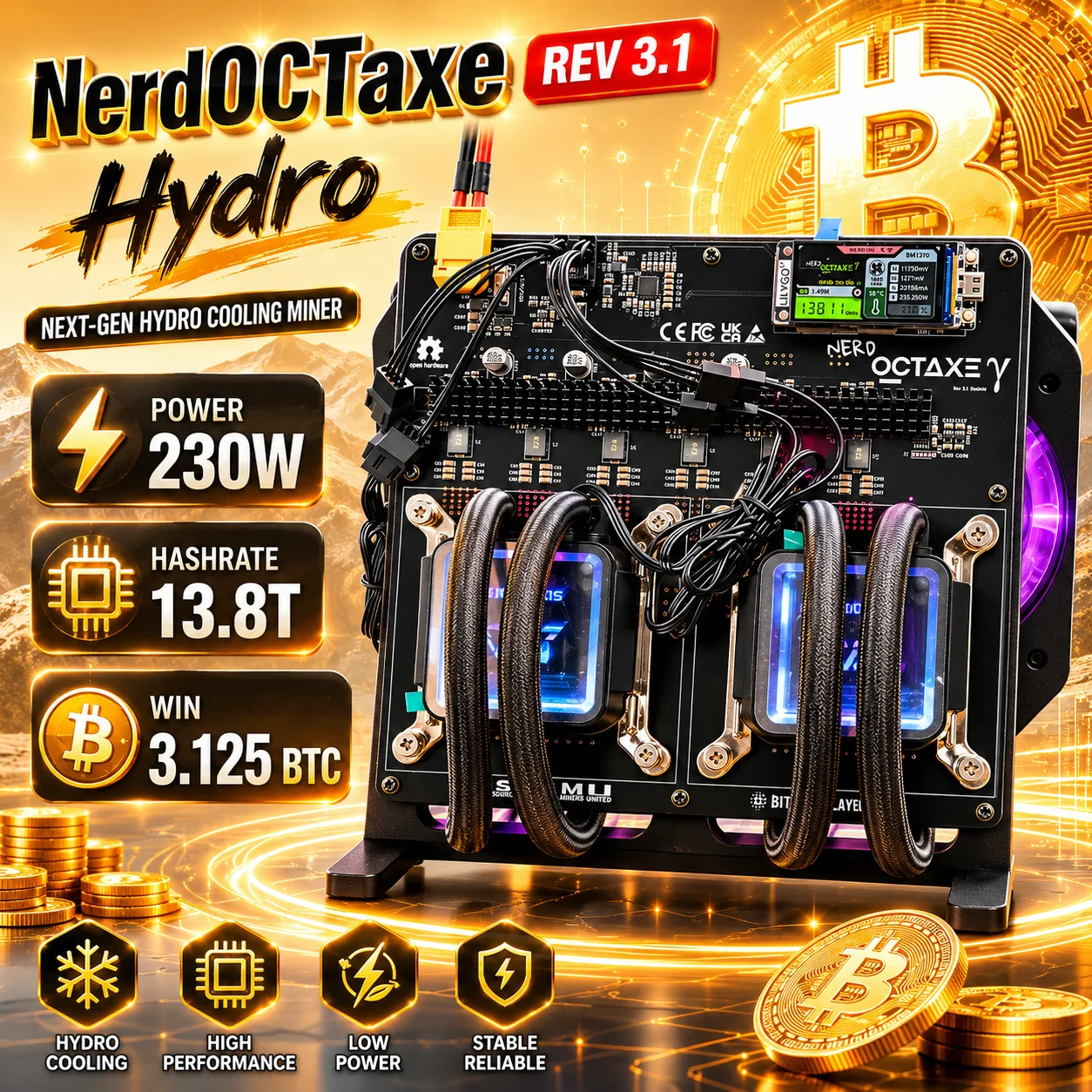 2026 Newest NerdOCTaxe Rev3.1 Hydro 13.8T 230W BM1370 Asic Chip Open Source Bitcoin Home Miner With MeanWell Power Supply
2026 Newest NerdOCTaxe Rev3.1 Hydro 13.8T 230W BM1370 Asic Chip Open Source Bitcoin Home Miner With MeanWell Power Supply