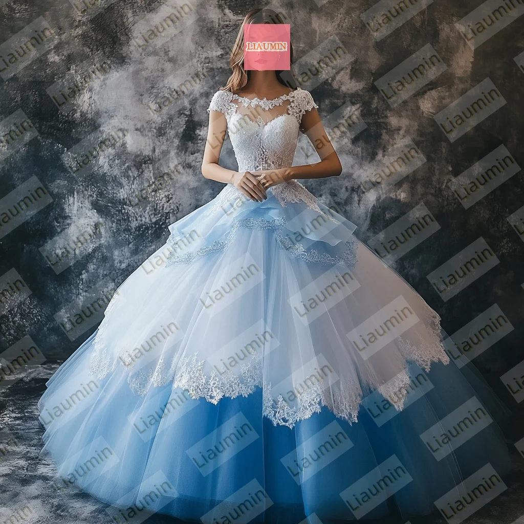 White and Blue Lace Applique Tulle Short Sleeve Lace-up Ball Gown Evening Dress Wedding Formal Prom Skirt Customized W19-21.10
White and Blue Lace Applique Tulle Short Sleeve Lace-up Ball Gown Evening Dress Wedding Formal Prom Skirt Customized W19-21.10