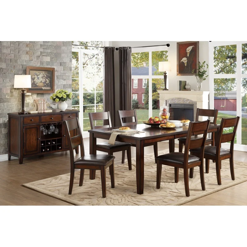 Cherry Finish 7-Piece Dining Set with Leaf Table and 6 Faux Leather Side Chairs, Transitional Style Ladder Back
Cherry Finish 7-Piece Dining Set with Leaf Table and 6 Faux Leather Side Chairs, Transitional Style Ladder Back