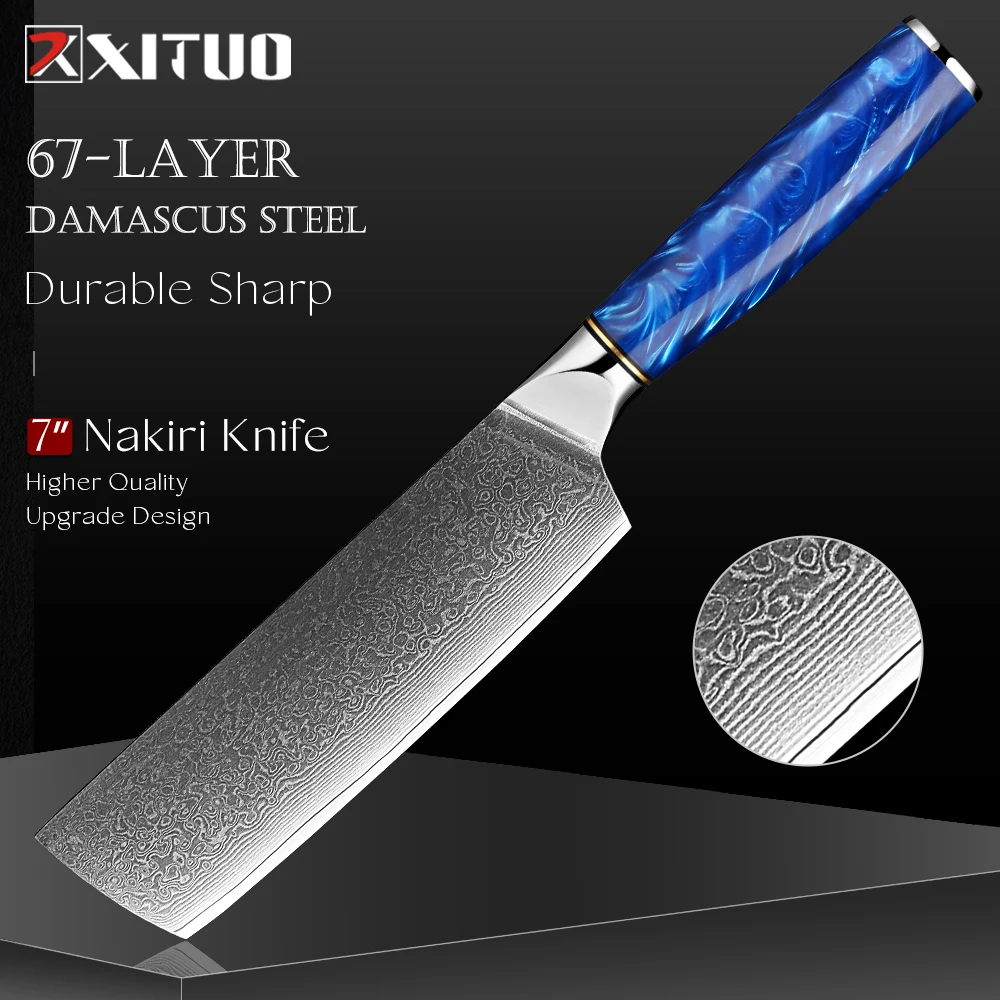 Japanese Damascus Nakiri Knife 7" Ultra Sharp Vegetable & Meat Cleaver,Professional Chef Knife with Ergonomic Blue Resin Handle
Japanese Damascus Nakiri Knife 7" Ultra Sharp Vegetable & Meat Cleaver,Professional Chef Knife with Ergonomic Blue Resin Handle