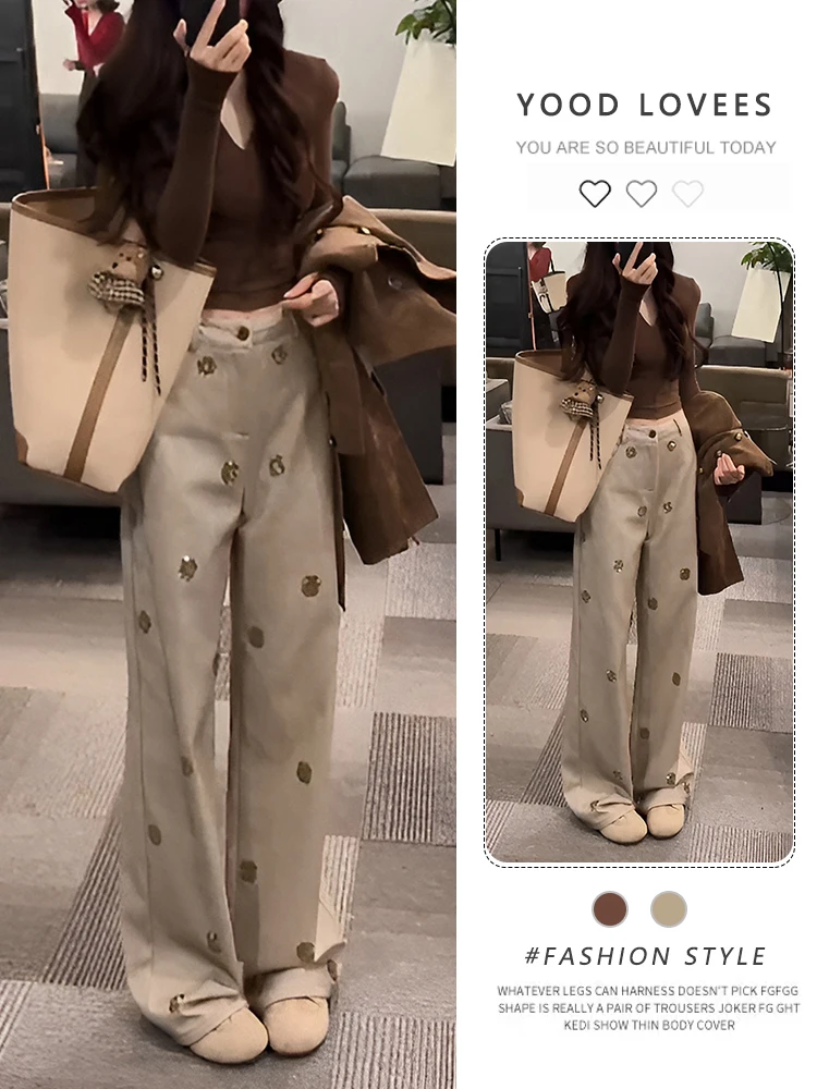 Retro Fashion V-Neck Long Sleeve Shirt Top Women's Spring Autumn New Drill Wide Leg Casual Pants Set High Waist Comfortable
Retro Fashion V-Neck Long Sleeve Shirt Top Women's Spring Autumn New Drill Wide Leg Casual Pants Set High Waist Comfortable