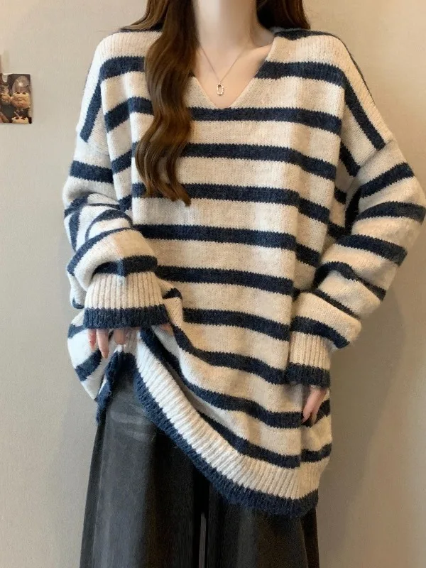 Loose Fit V-Neck Korean Style Women's Sweater Spring 2026 plus Size Big Girls Navy Striped Knitted Top Commute Friendly
Loose Fit V-Neck Korean Style Women's Sweater Spring 2026 plus Size Big Girls Navy Striped Knitted Top Commute Friendly
