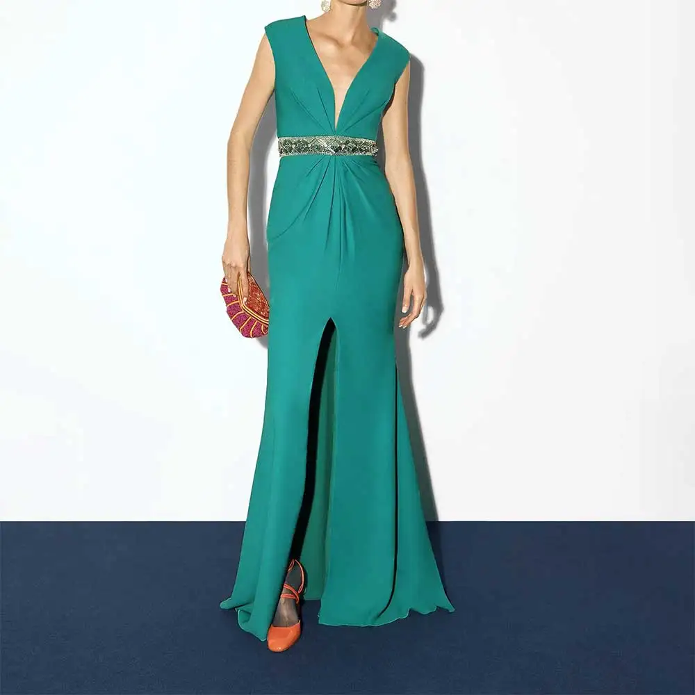 Elegant V-Neck Sleeveless Belted Mermaid Evening Dress for Women Front Slit for Prom Party Bridesmaid Wedding Guest فساتين سهرة
Elegant V-Neck Sleeveless Belted Mermaid Evening Dress for Women Front Slit for Prom Party Bridesmaid Wedding Guest فساتين سهرة