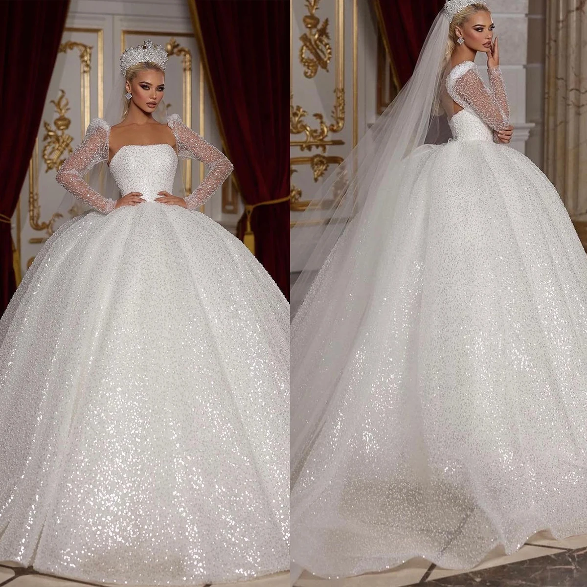 Elegant Wedding Dress For Women Princess Shiny Beading Sequins Lace Up Long Sleeves Bridal Gowns Vestidos De Novia
Elegant Wedding Dress For Women Princess Shiny Beading Sequins Lace Up Long Sleeves Bridal Gowns Vestidos De Novia