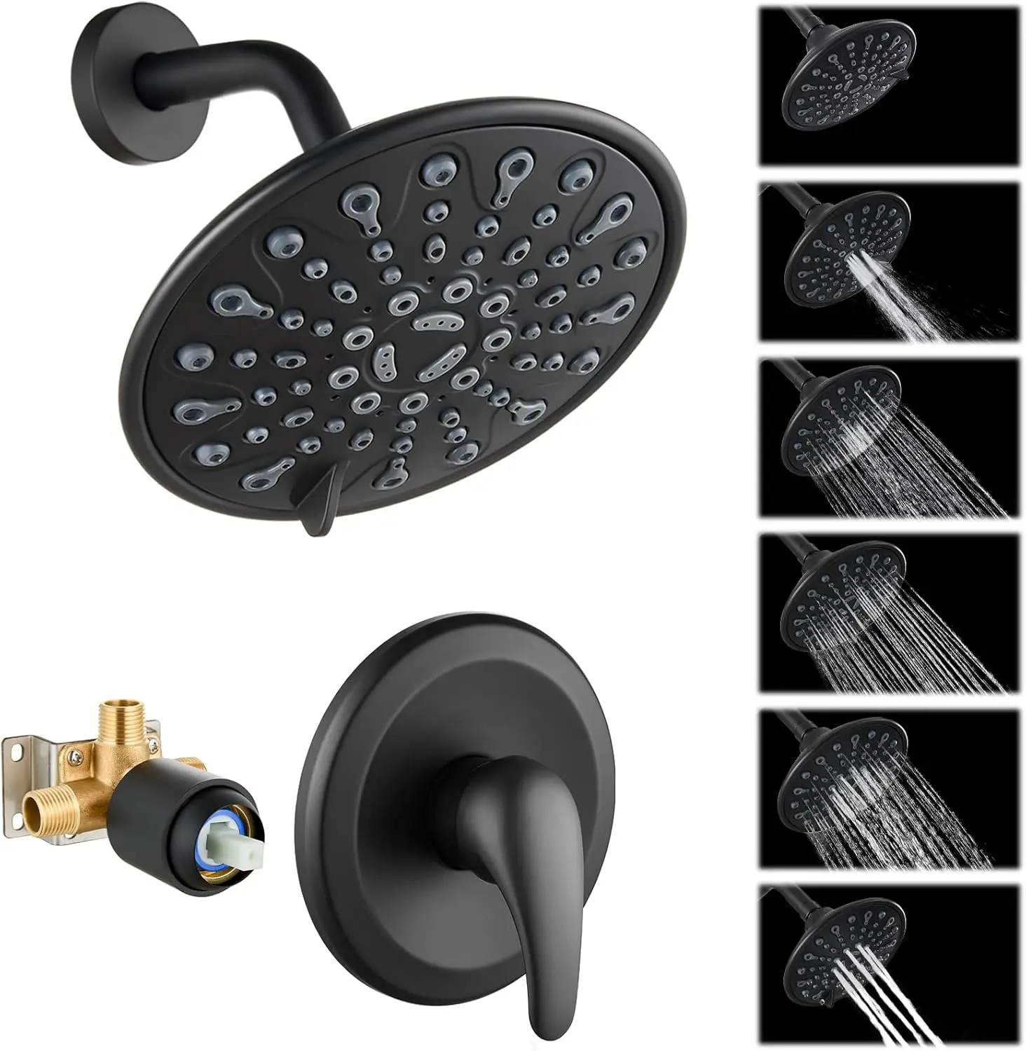 6-Setting Rainfall Shower Head Combo with Valve Trim Kit, High Pressure Shower System, Matte Black
6-Setting Rainfall Shower Head Combo with Valve Trim Kit, High Pressure Shower System, Matte Black