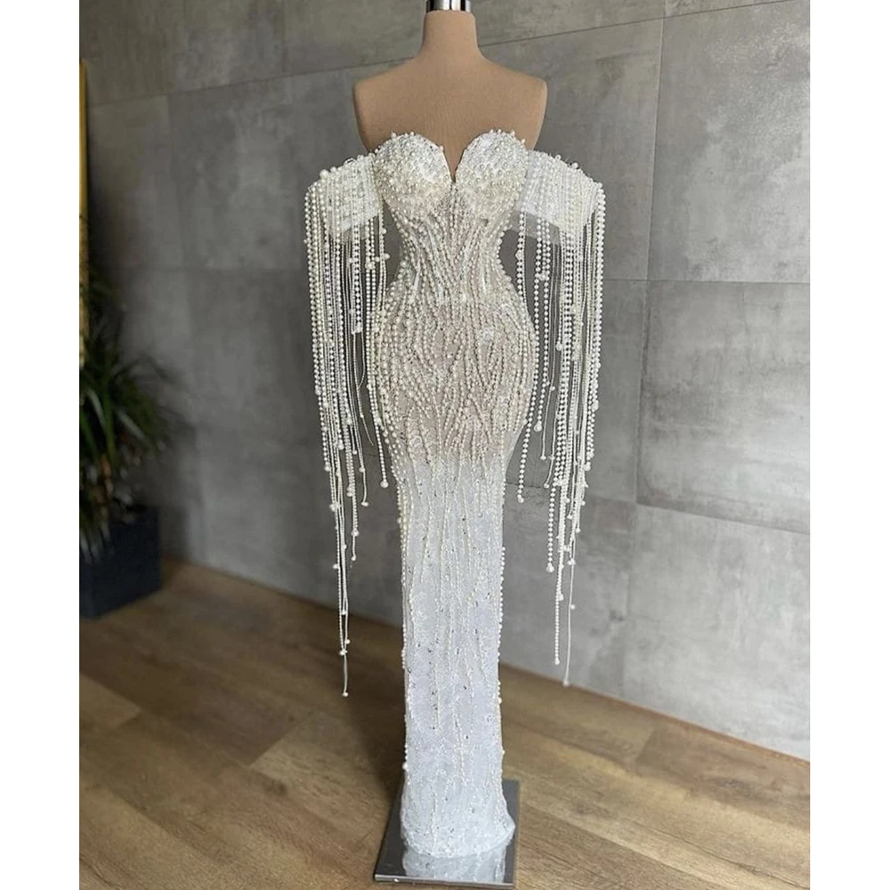 Elegant Wedding Dress Pearls Beaded Off Shoulder Tassel Floor Length Fashion and Luxurious Mermaid Dress Custom Made 2023
Elegant Wedding Dress Pearls Beaded Off Shoulder Tassel Floor Length Fashion and Luxurious Mermaid Dress Custom Made 2023