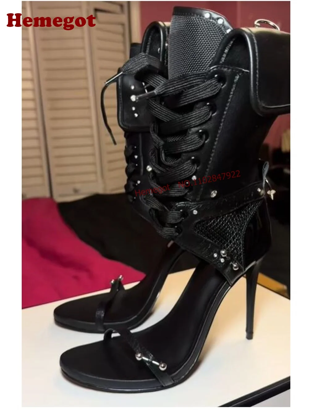Black Mesh Cutout Ankle Strap Sandals Flip Cuff Rivet Eyelet Lace-Up Thin Stiletto Punk Gothic High Heels Women's Sandals Sexy
Black Mesh Cutout Ankle Strap Sandals Flip Cuff Rivet Eyelet Lace-Up Thin Stiletto Punk Gothic High Heels Women's Sandals Sexy