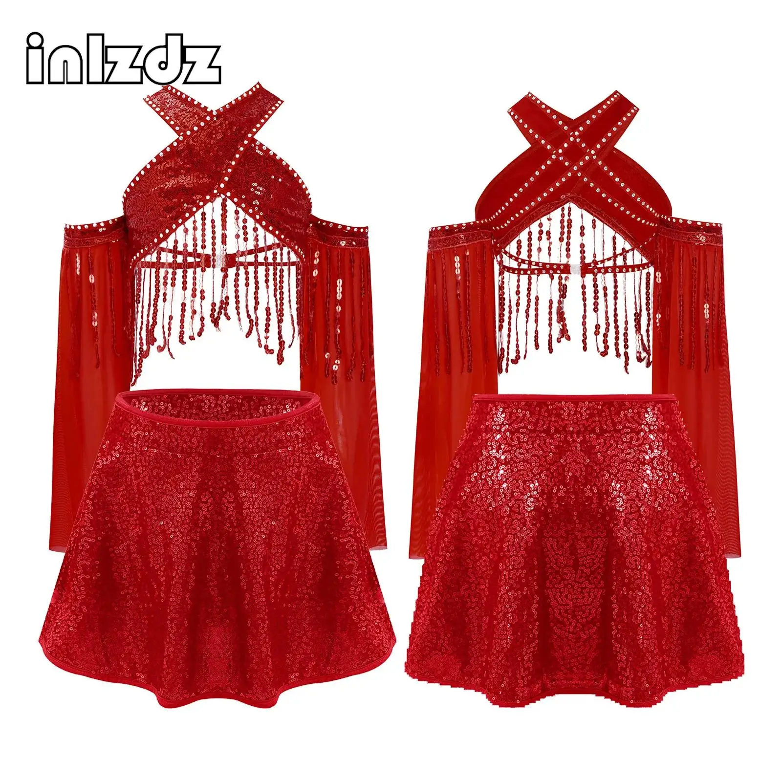 Kids Girls Jazz Dance Costume Set Flared Sleeves Shiny Sequin Tassels Cross Crop Top with Sequined Skirt for Stage Performance
Kids Girls Jazz Dance Costume Set Flared Sleeves Shiny Sequin Tassels Cross Crop Top with Sequined Skirt for Stage Performance