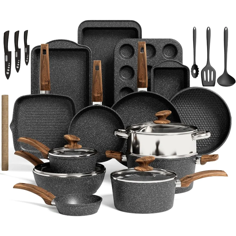 Kitchen Induction Cookware & Bakeware Set - 30 Piece Black Granite Cooking Pans Set, Non-Stick Pots and Pans Set
Kitchen Induction Cookware & Bakeware Set - 30 Piece Black Granite Cooking Pans Set, Non-Stick Pots and Pans Set