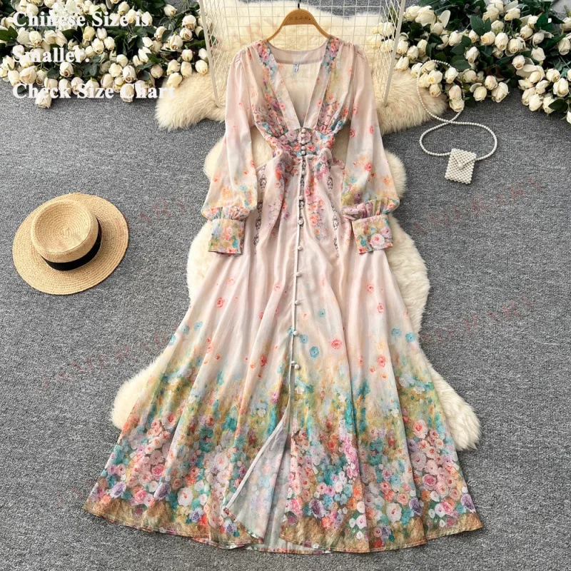 Runway Summer Floral Chiffon Long Dress Women Full Sleeve Single Breasted Bohemia Flower Autumn Print Dresses Elegant
Runway Summer Floral Chiffon Long Dress Women Full Sleeve Single Breasted Bohemia Flower Autumn Print Dresses Elegant