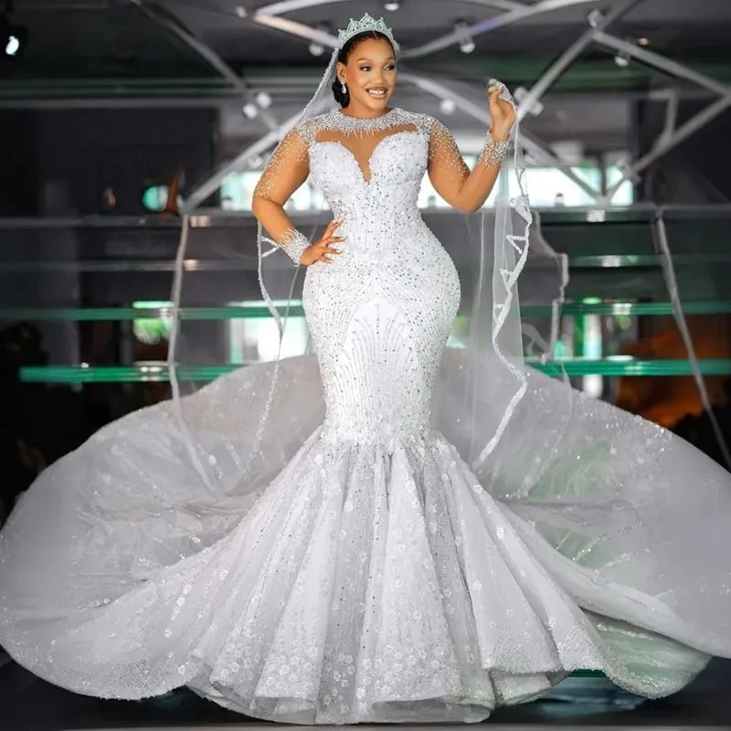 Customized Plus Size Wedding Dress Bridal Gowns For Bride Mermaid Illusion Sheer Neck Beaded Lace 3D Flora Rhinestone Wedding
Customized Plus Size Wedding Dress Bridal Gowns For Bride Mermaid Illusion Sheer Neck Beaded Lace 3D Flora Rhinestone Wedding