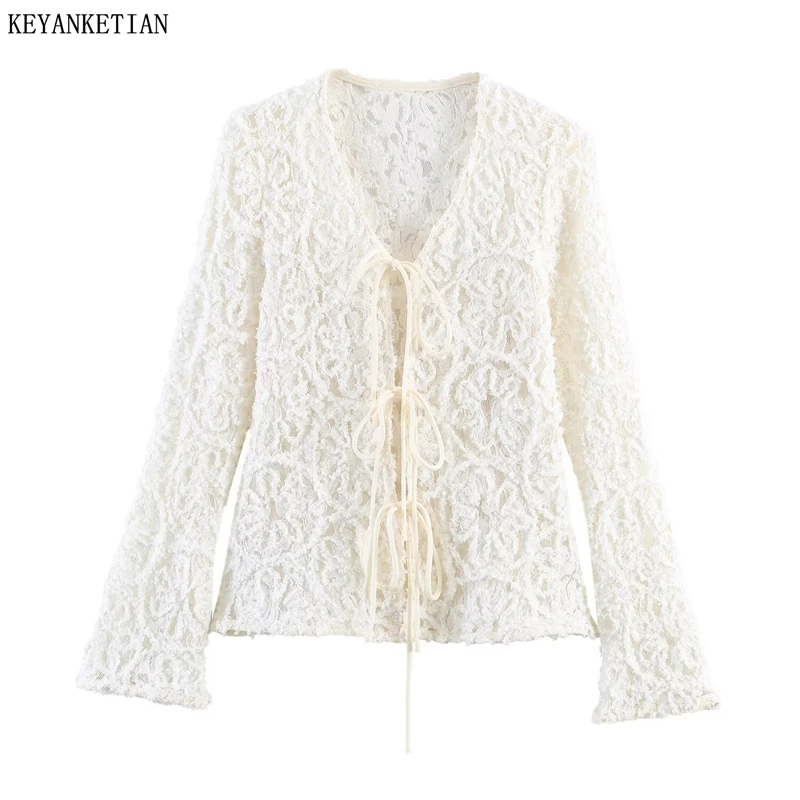 KEYANKETIAN 2026 Summer New Women Vacation Style Beige Lace Blouse Women Slim Fit Bell Sleeve Tie Front Sheer Casual Top
KEYANKETIAN 2026 Summer New Women Vacation Style Beige Lace Blouse Women Slim Fit Bell Sleeve Tie Front Sheer Casual Top