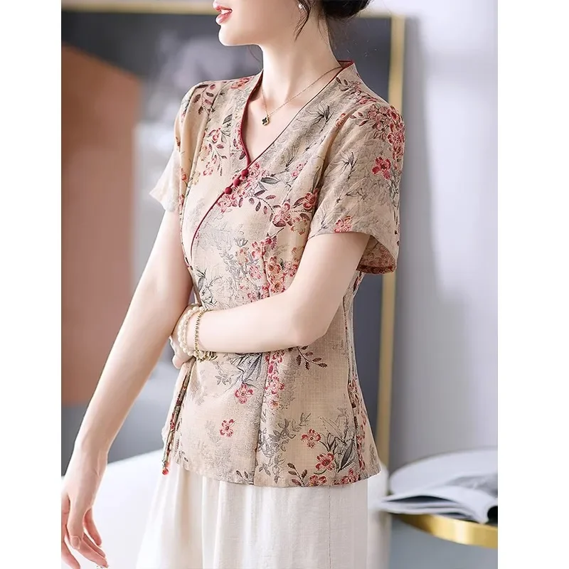 Women's New Chinese Style Floral Print V Neck Short Sleeve Casual Tunic Blouse
Women's New Chinese Style Floral Print V Neck Short Sleeve Casual Tunic Blouse