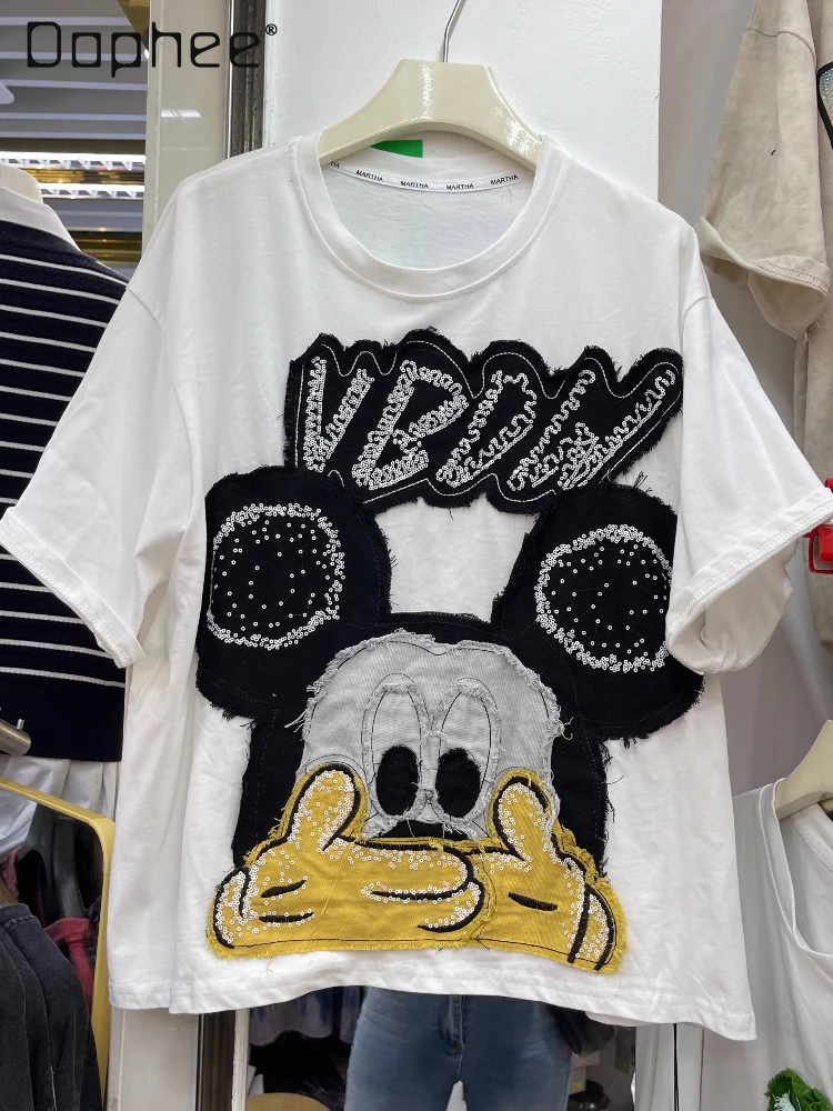 2025 Spring New Heavy Industry Cartoon Patch Black Short-sleeved T-shirt Women's Loose Casual Hole Design Sequins Short Top
2025 Spring New Heavy Industry Cartoon Patch Black Short-sleeved T-shirt Women's Loose Casual Hole Design Sequins Short Top