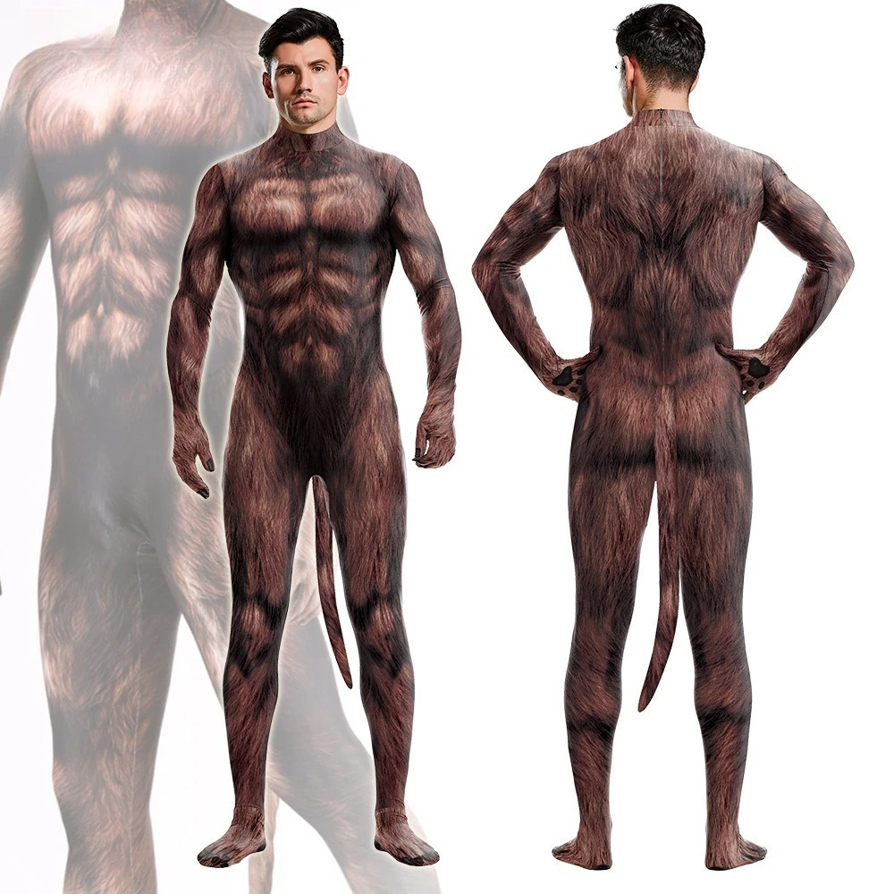 New Halloween Cosplay Costume Brown Bear Muscle Pattern Print Jumpsuit with Tail Theme Party Role Playing Outfits for Adult Men
New Halloween Cosplay Costume Brown Bear Muscle Pattern Print Jumpsuit with Tail Theme Party Role Playing Outfits for Adult Men