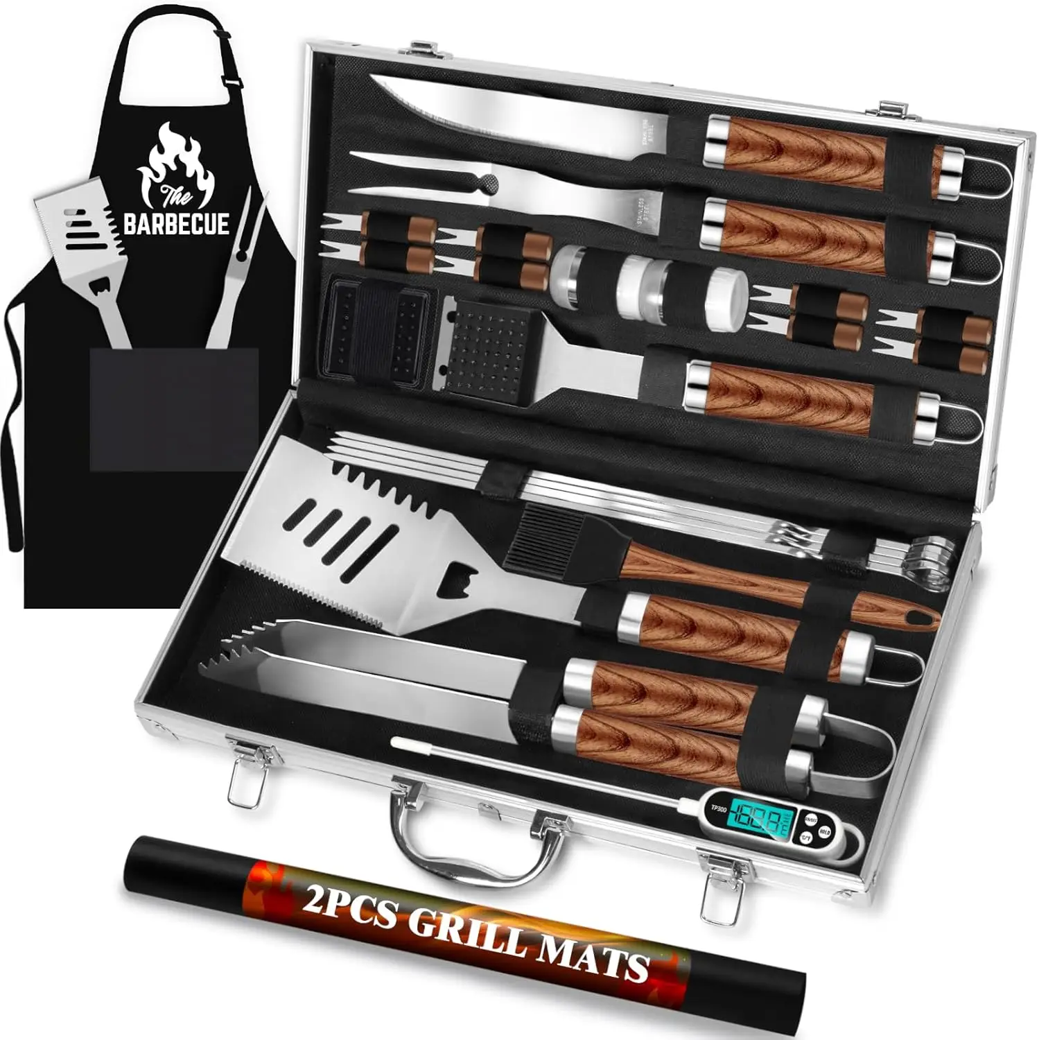 26pcs Stainless Steel Grill Tool Set, Heavy Duty BBQ Accessories with Apron & Thermometer in Aluminum Case – Gift for Men, Chris
26pcs Stainless Steel Grill Tool Set, Heavy Duty BBQ Accessories with Apron & Thermometer in Aluminum Case – Gift for Men, Chris