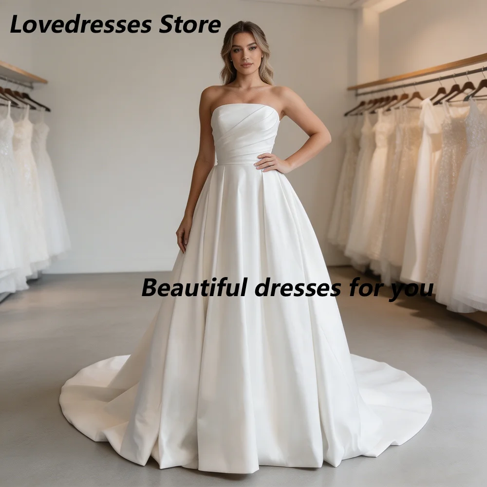 Elegant Strapless Wedding Dresses for Bride Satin A Line Sleeveless Sexy Backless Sweep Train Bridal Gown Customized
Elegant Strapless Wedding Dresses for Bride Satin A Line Sleeveless Sexy Backless Sweep Train Bridal Gown Customized
