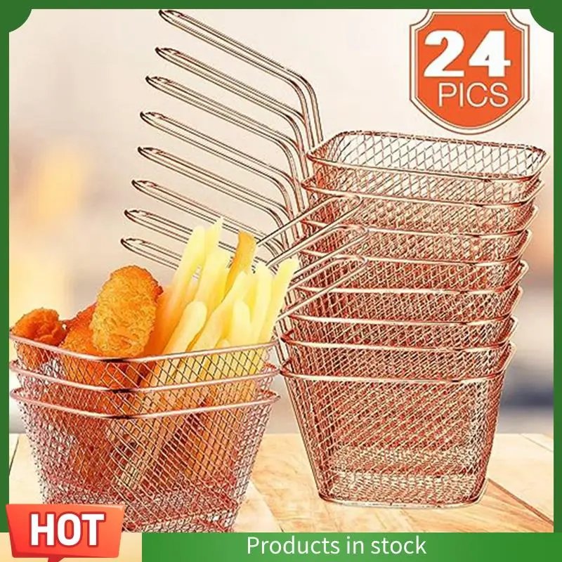 A68G-24Pcs Мини-квадратная корзина для жарки из нержавеющей стали, держатель для жарки картофеля, корзина для жарки, сетчатая корзина для еды с ручками, прочная (роза)