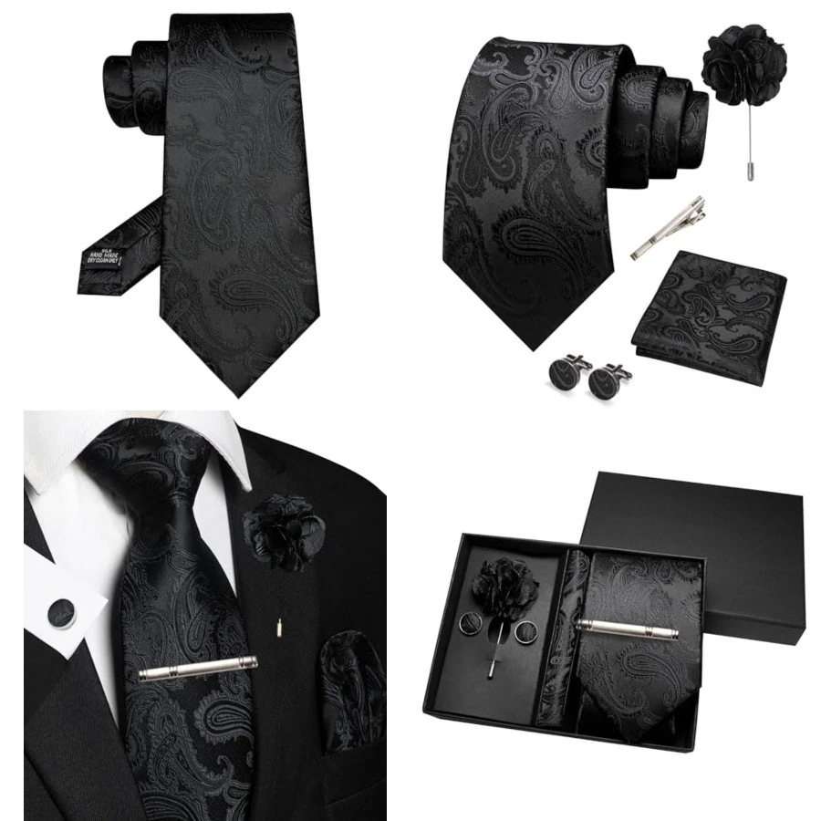 Mens Paisley Tie and Pocket Square,Lapel Pin,Cufflinks,Tie Clip Sets with Gift Box 5PCS,Black
Mens Paisley Tie and Pocket Square,Lapel Pin,Cufflinks,Tie Clip Sets with Gift Box 5PCS,Black