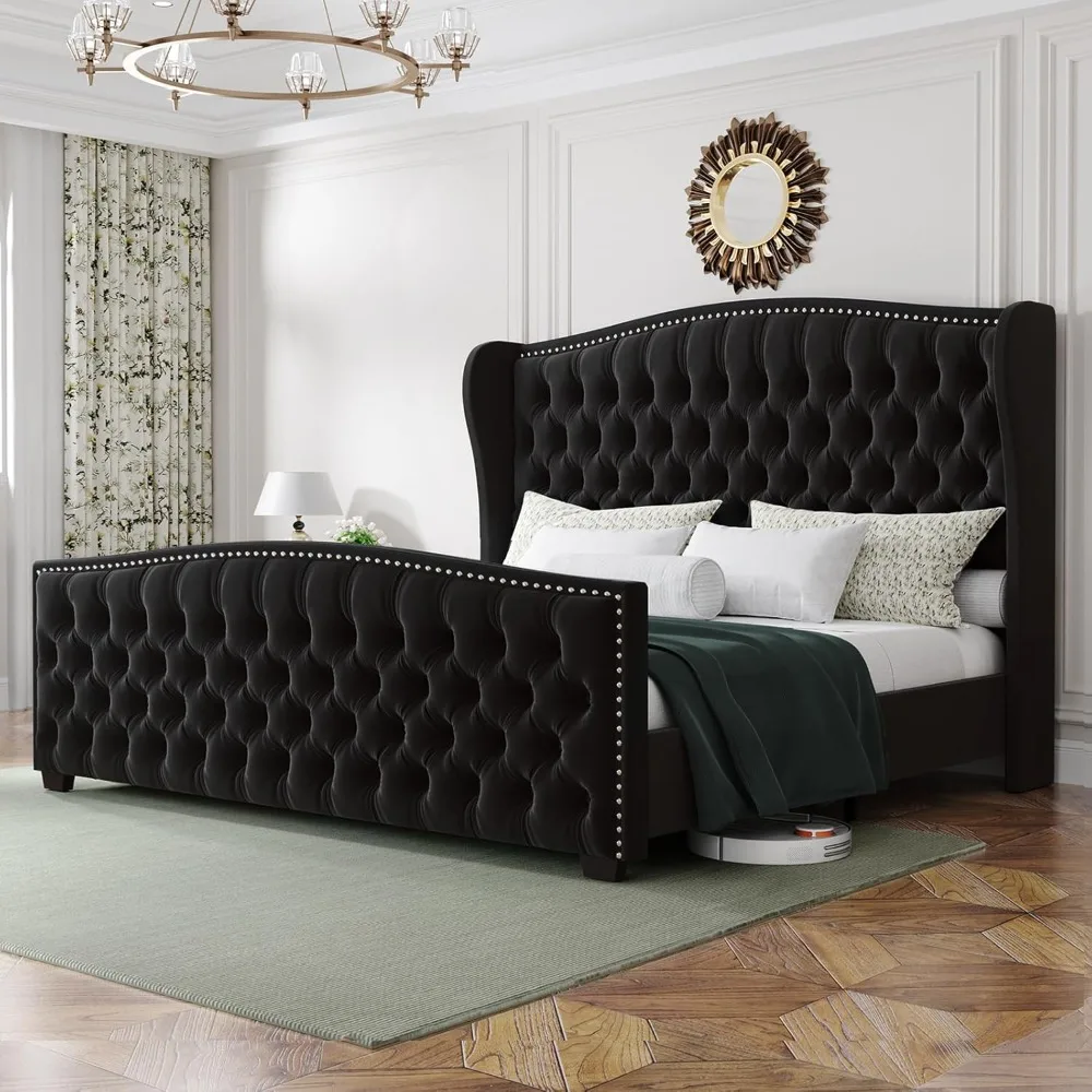 King Platform Bed Frame with Wingback Headboard, Velvet Upholstered Bed Frame with Handmade Button Tufted & Nailhead, Wooden Sla
King Platform Bed Frame with Wingback Headboard, Velvet Upholstered Bed Frame with Handmade Button Tufted & Nailhead, Wooden Sla