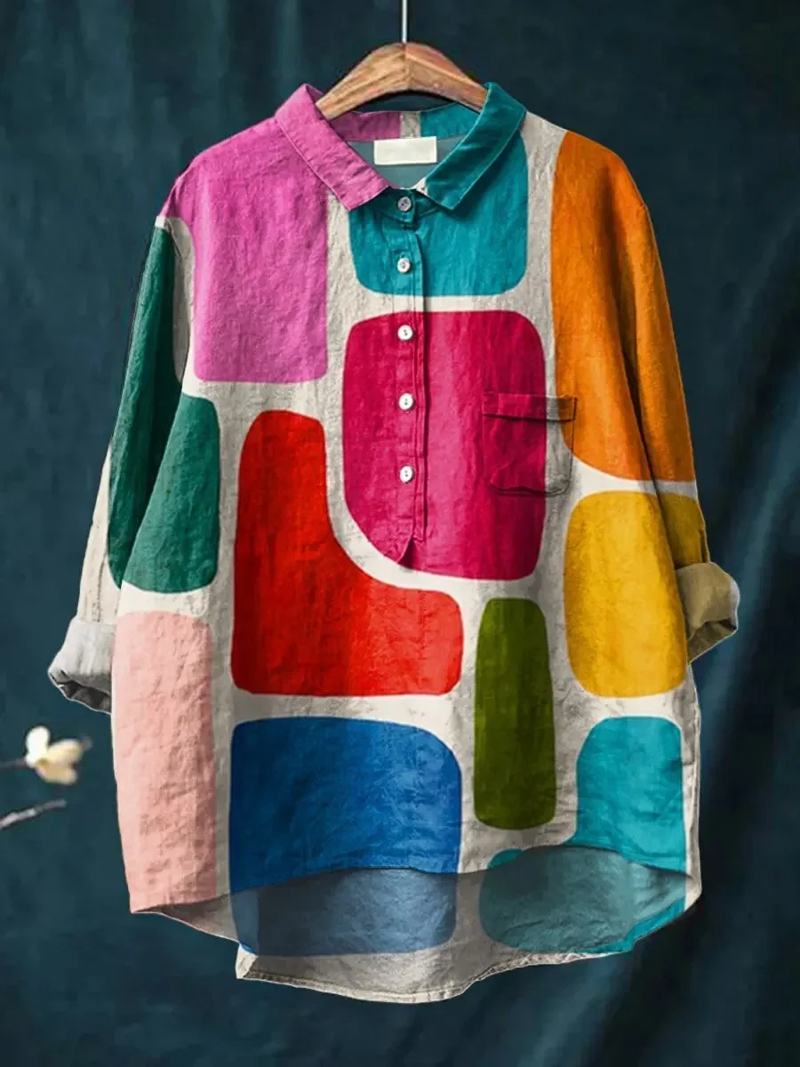 New Memphis style color geometric block print men's shirt with patchwork collar and seven quarter sleeve shirt
New Memphis style color geometric block print men's shirt with patchwork collar and seven quarter sleeve shirt
